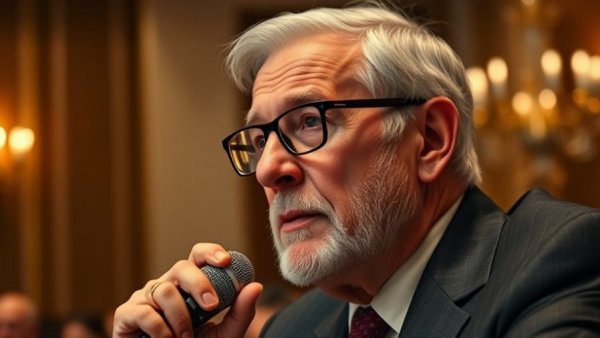 Distinguished older man in glasses speaking at an event.