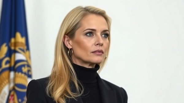 Serious woman standing against a plain background with a flag, illustrating rollback themes.