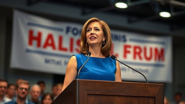 Confident woman delivering a speech at Maryland political event.