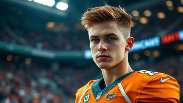 Focused Miami Hurricanes player in uniform under stadium lights.