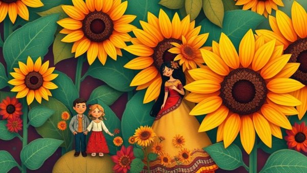 Latin American Printmaking Exhibit with vibrant folk art and sunflowers
