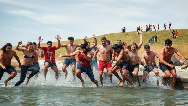 Dynamic group jumping into Barton Springs for Polar Bear Plunge.