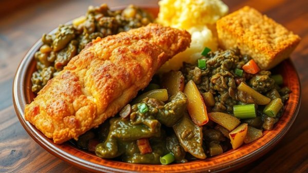 Soul Food in Dallas: fried catfish, greens, cornbread meal.