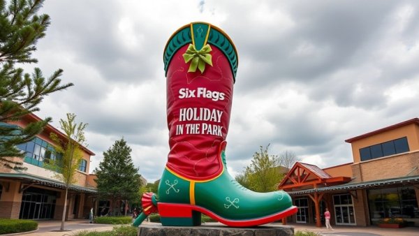 Six Flags Holiday in the Park festive boot statue in amusement park.
