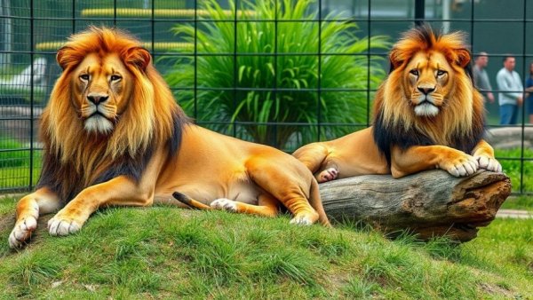 Lions in zoo enclosure with visitors observing behind glass.