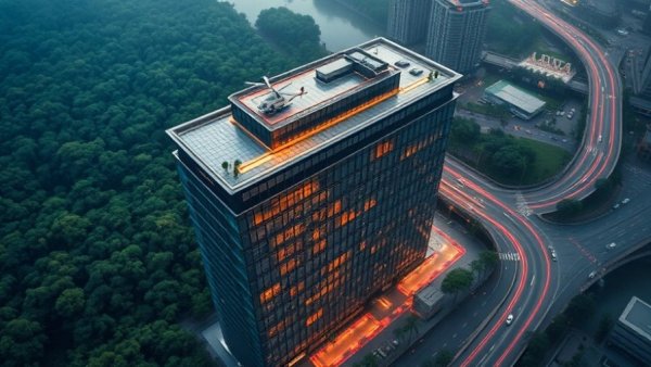 Aerial view of modern high-rise in Dallas commercial real estate.