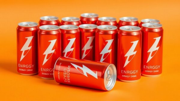 Red energy drink cans on an orange background highlighting risks.
