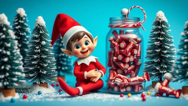 Festive toy elf scene promoting health and wellness in a whimsical forest.