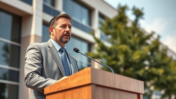 Henry Cuellar speaking at Laredo podium under clear sky.