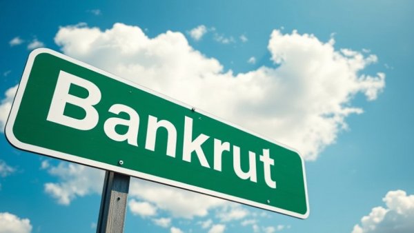 Green bankruptcy sign under a blue cloudy sky