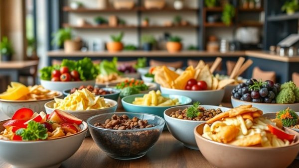 Colorful healthy food bowls on a table in a Houston restaurant.