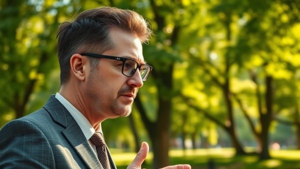 Man in a brown suit having a conversation outdoors, Texas news education.