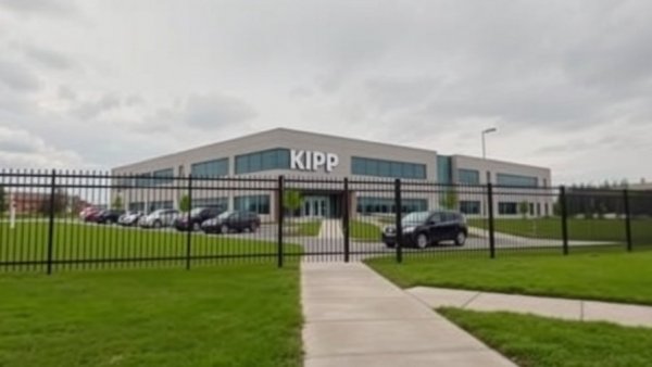 KIPP Texas school with logo, surrounded by fence, cloudy sky