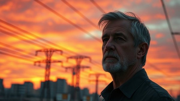 Senior man assessing power lines under sunset, supply chain vulnerabilities.