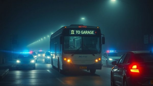 Houston METRO bus with police vehicles at night scene.