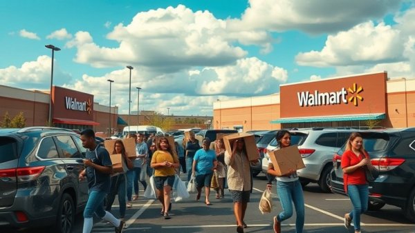 Impact of Trump's tax cuts on Walmart shoppers in busy parking lot.