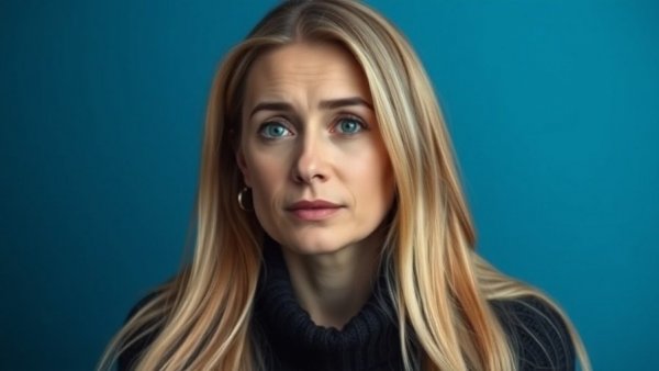 Erika Kirk, contemplative expression in a dark sweater, grief and faith theme.