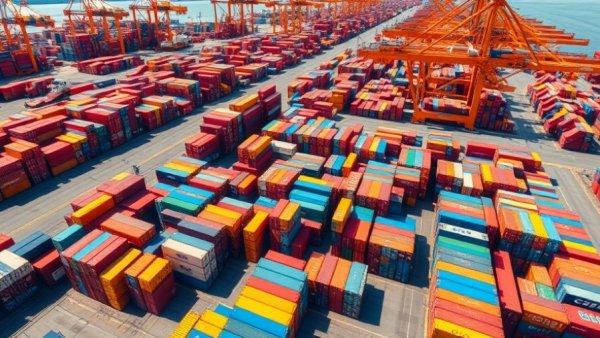 Aerial view of colorful container yard at busy port, Trump tariffs Supreme Court ruling. 