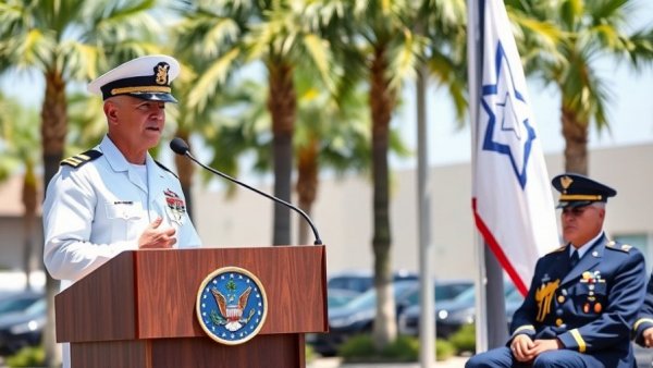 Military ceremony with navy and air force officers, U.S. military buildup near Venezuela.