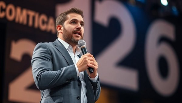 Man in gray suit speaking on stage about $11 million fraud Netflix.