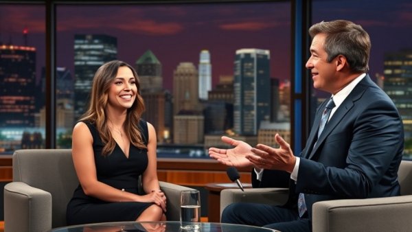 Talk show scene with smiling guest and host, discussing Taylor Swift favorite songs.