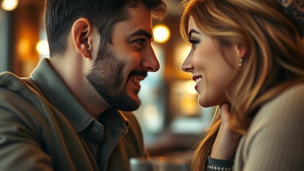 Couple showing affection in a cozy cafe, signs of being a serial monogamist.