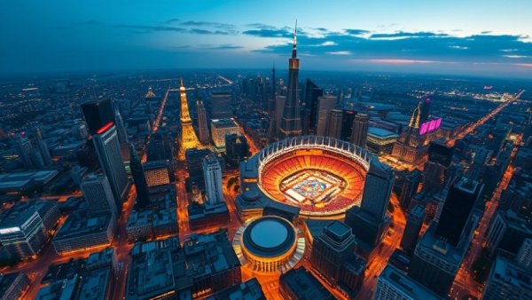 Aerial view of San Antonio sports and entertainment district at dusk.