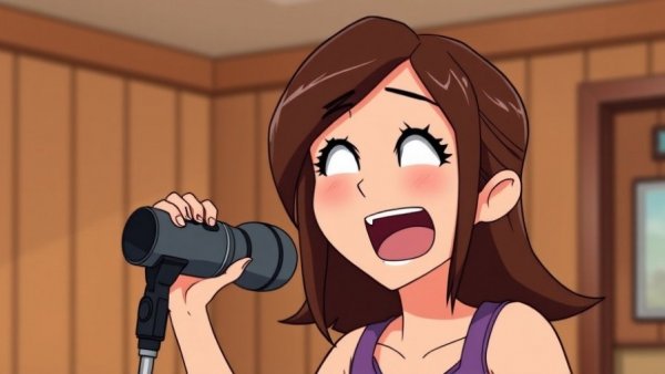 Enthusiastic animated woman speaking into a microphone indoors.