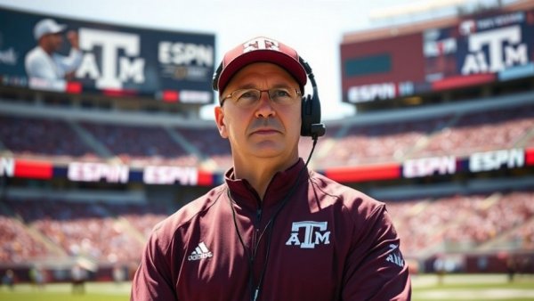 Head coach with cap and Texas A&M hoodie, ESPN graphic, Texas A&M vs Miami playoff football.