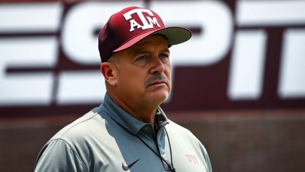 Focused Texas A&M coach in front of ESPN logo, playoff football intensity.