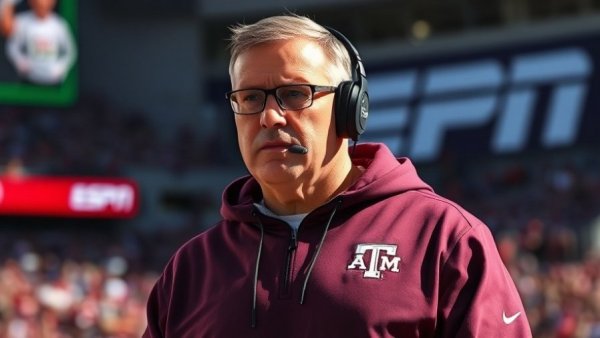 Texas A&M vs Miami CFP: Focused sports coach with intense expression.