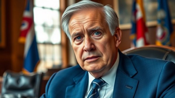 U.S. headlines: Man in suit, serious, sitting in office with flags.