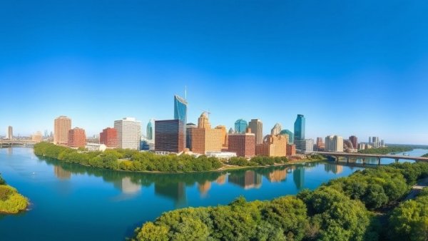 Austin TX skyline reflected on a calm river under a bright blue sky.