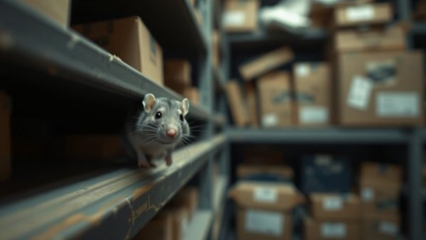 Blurry rat in evidence vault, soft lighting, cluttered shelves.