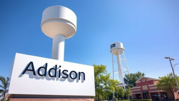 Addison signage and water tower, clear sky in Dallas commercial real estate area.