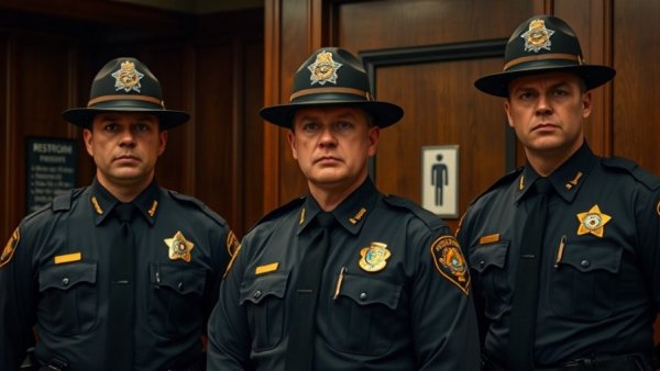 State troopers enforcing Texas bathroom bill in government building.