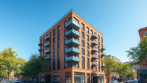 Modern multi-story senior housing development in Houston, with blue sky and trees.