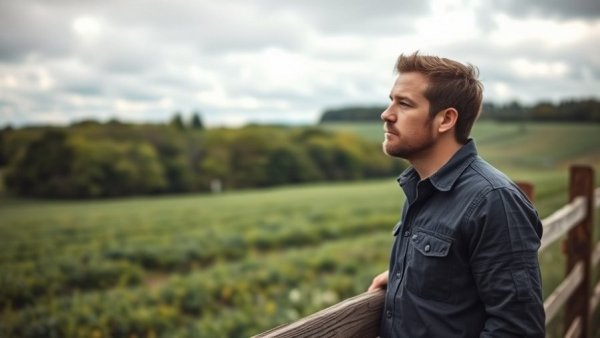 Casual man outdoors near fence, reflecting in nature.