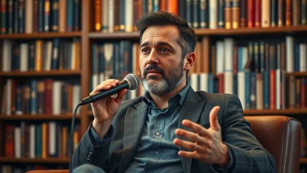 Confident man speaking into a microphone, Fernando Mendoza sports background.