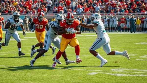 Chaos in sports: Intense football play amidst athlete interaction on the field.