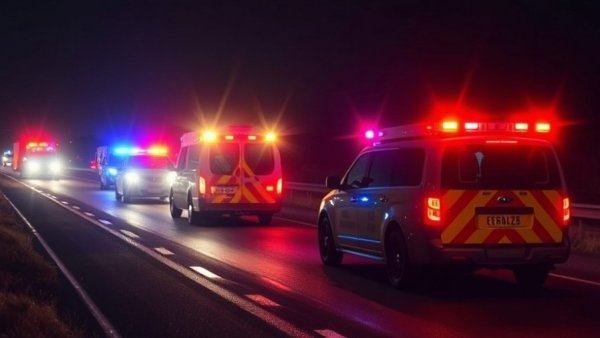 Emergency vehicles at night at wrong-way driver accident scene in San Antonio, flashing lights.