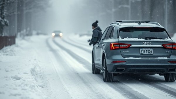 Snow-covered road with a stalled car and warning triangle, illustrating snow emergencies in Ohio.