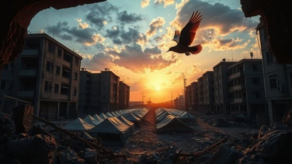 Ruined cityscape after conflict at sunset with bird flying.