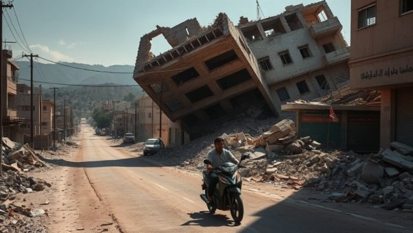 War-torn cityscape with collapsed building and debris in Syria.