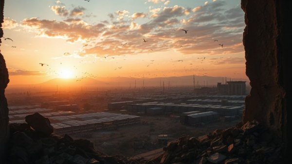 View of a war-torn tent city under sunset, Israel kills Hamas commander.
