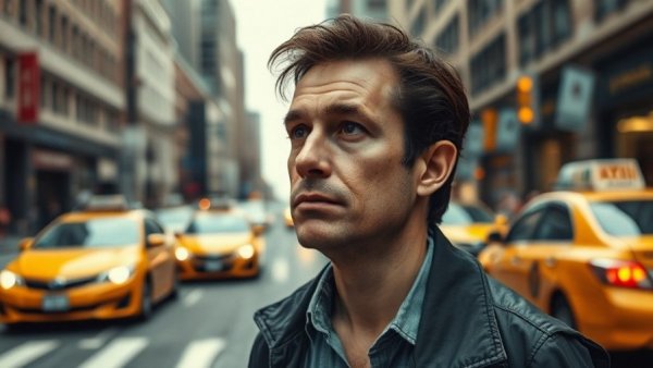 Thoughtful person standing on a city street, reflecting.