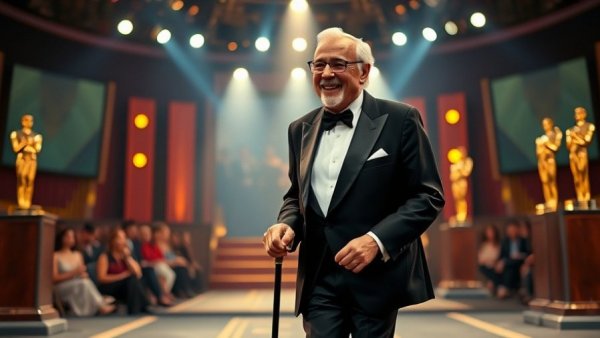 Dick Van Dyke at awards show, smiling with cane on stage.