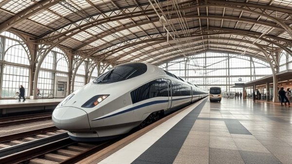 San Antonio Austin high-speed rail concept at a modern train station.