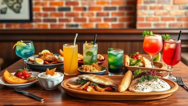 Vibrant brunch spread with colorful drinks against brick wall in San Antonio.