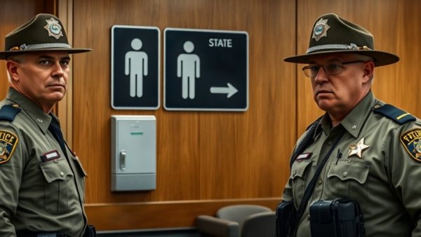 State troopers monitor restroom entrance illustrating Texas bathroom bill enforcement challenges.